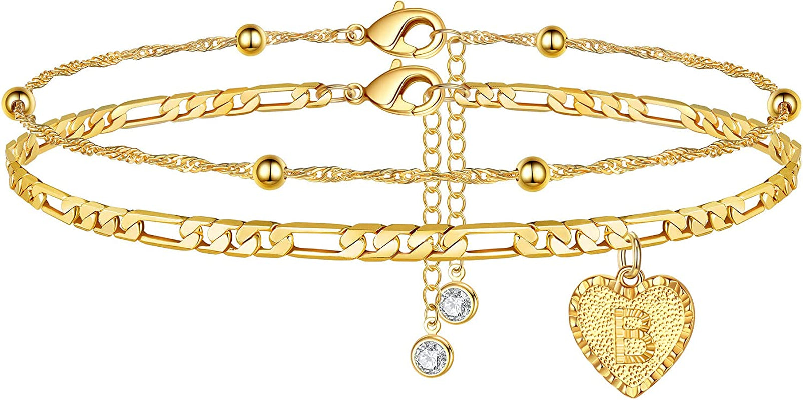 Heart Ankle Bracelets for Women, 14K Gold Filled Layered Figaro Chain Anklet Initial Heart Pendant Anklet Gold Anklets for Women Beach Summer Anklet Foot Jewelry with Extension Apparel & Accessories > Jewelry > Anklets MONOOC B  