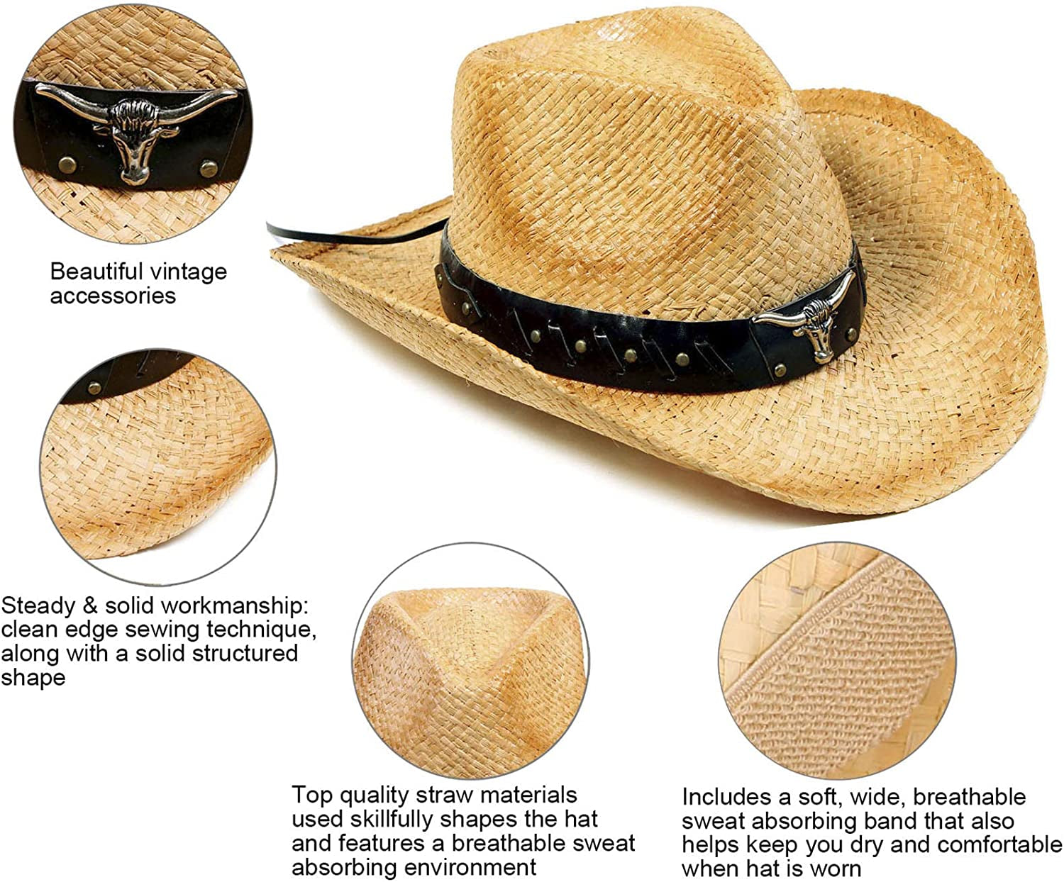 Livingston Men & Women'S Woven Straw Cowboy Hat W/Hat Band Apparel & Accessories > Clothing Accessories > Hats KYLIE MAX   