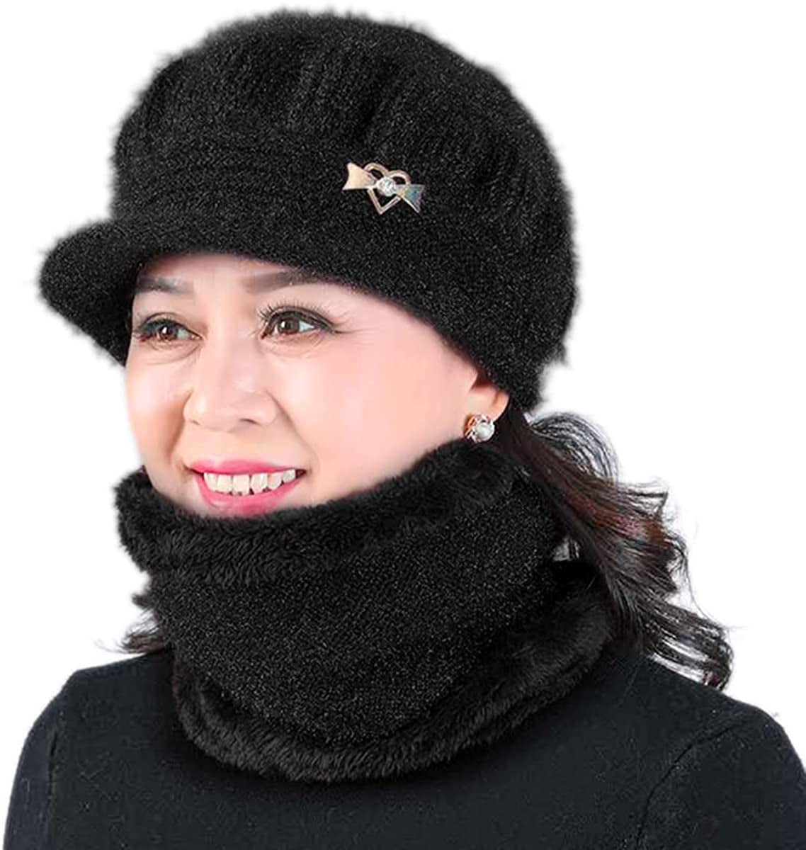 DANMY Women'S Winter Hat, Fleece Lined Womens Beanie Hat, Middle-Aged and Old Warm Earmuff Hat for Women Apparel & Accessories > Clothing Accessories > Hats DANMY 2pcs- Black (Hat + Scarf) One Size 