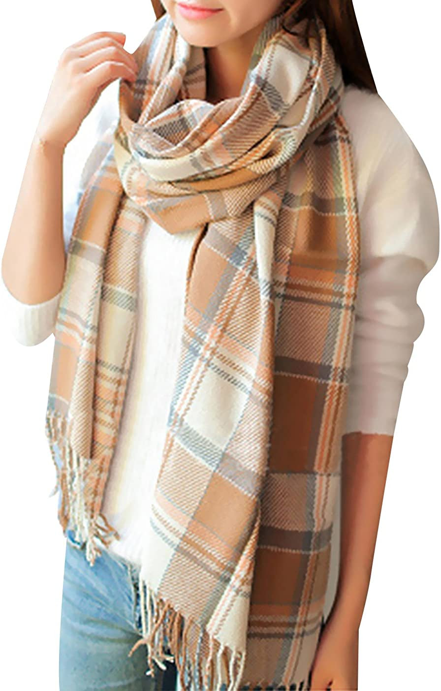 Loritta Womens Scarf Fashion Long Plaid Shawls Wraps Big Grid Winter Warm Lattice Large Scarves Gifts Apparel & Accessories > Clothing Accessories > Scarves & Shawls Loritta E-brown Beige Lattice  