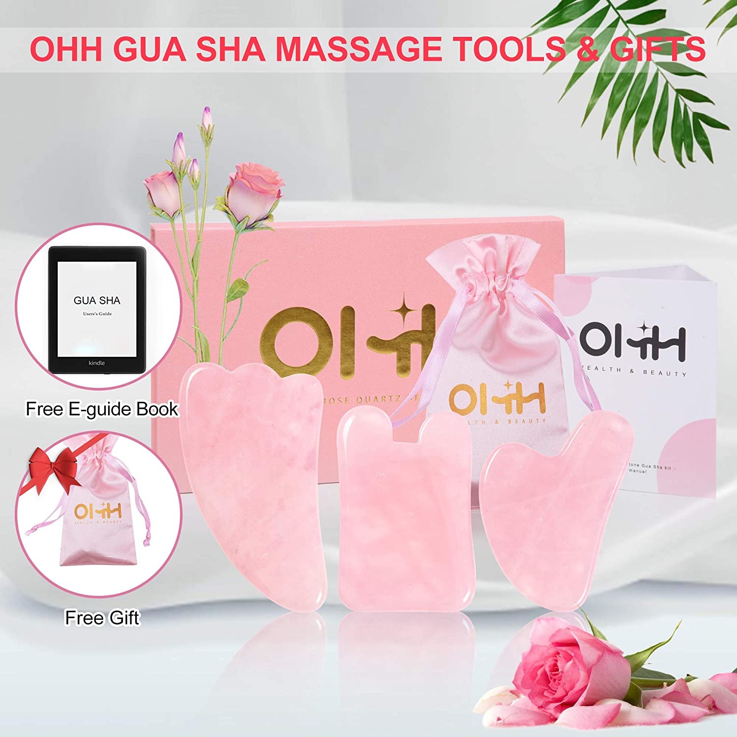 Gua Sha Facial Tools Set, OHH Rose Quartz Gua Sha Scraping Massage Tool for SPA Acupuncture Therapy Trigger Point Treatment, Face Massager for Facial Skincare, Pack of 3 Health & Beauty > Personal Care > Cosmetics > Cosmetic Tools > Skin Care Tools OHH   