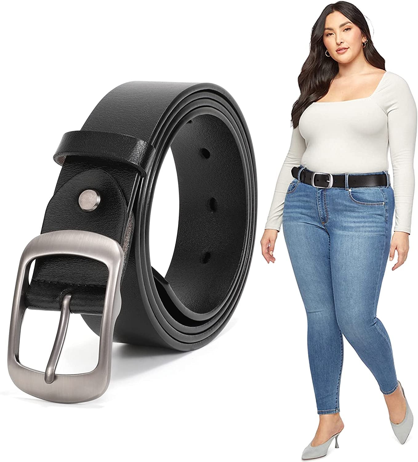 Plus Size Women Leather Belt JASGOOD Black Casual Waist Belt for Jeans Pants with Metal Pin Buckle Apparel & Accessories > Clothing Accessories > Belts KYLIE MAX A-black Fit Waist Size 53''-57'' 