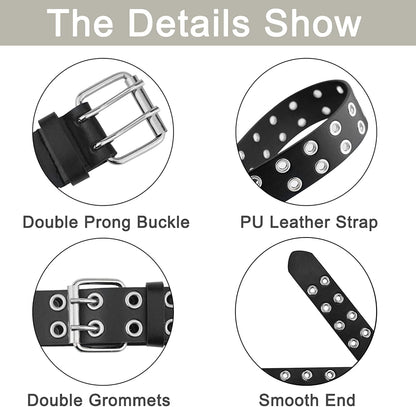 Grommet Leather Belts for Women, Black Belt Women Men with Double Studded Holes Apparel & Accessories > Clothing Accessories > Belts macoking   
