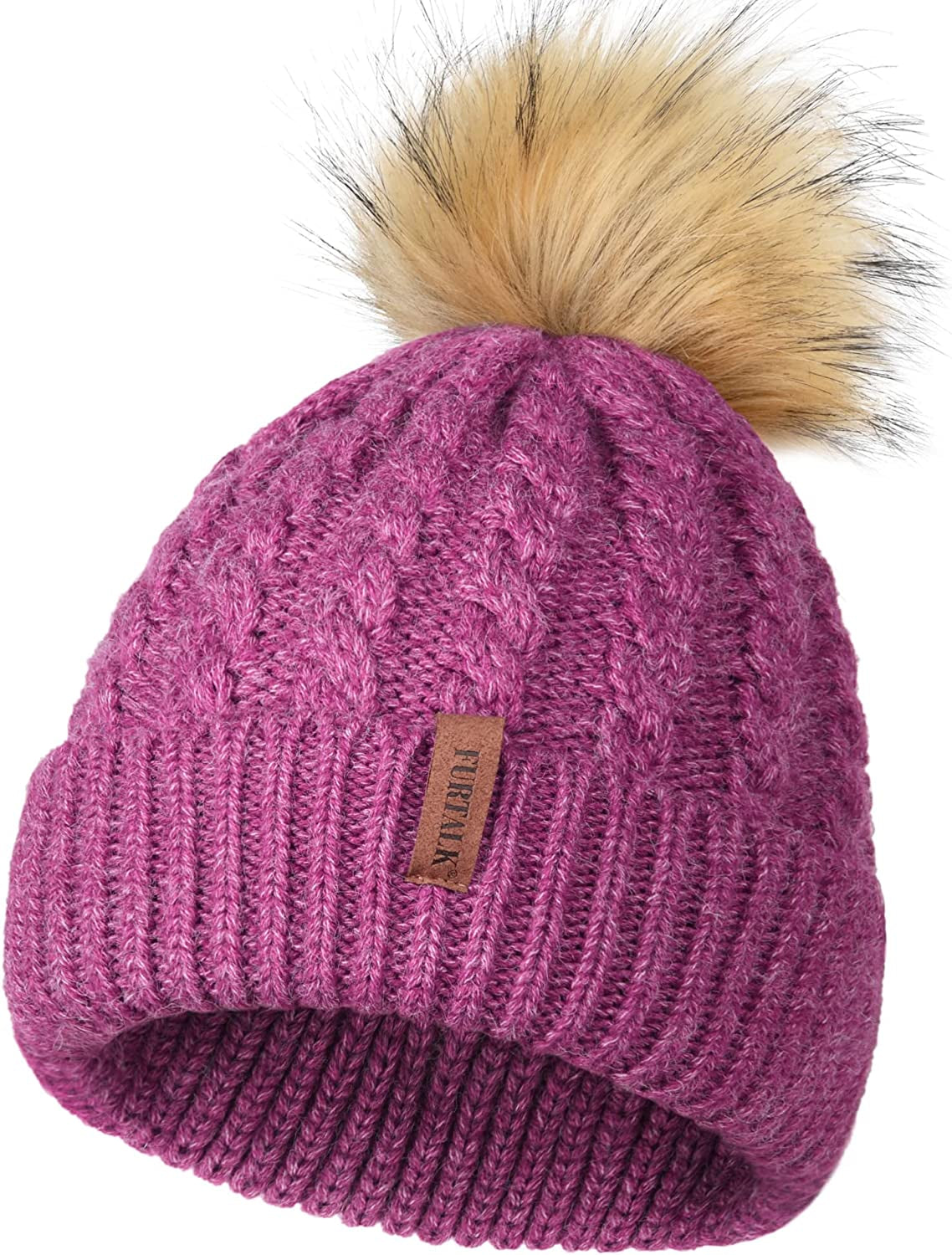 FURTALK Winter Beanie Hat for Women Cotton Lined Faux Fur Pom Pom Hats Womens Warm Thick Knit Skull Cap Apparel & Accessories > Clothing Accessories > Hats KYLIE MAX 18 Dark Rose Red One Size 