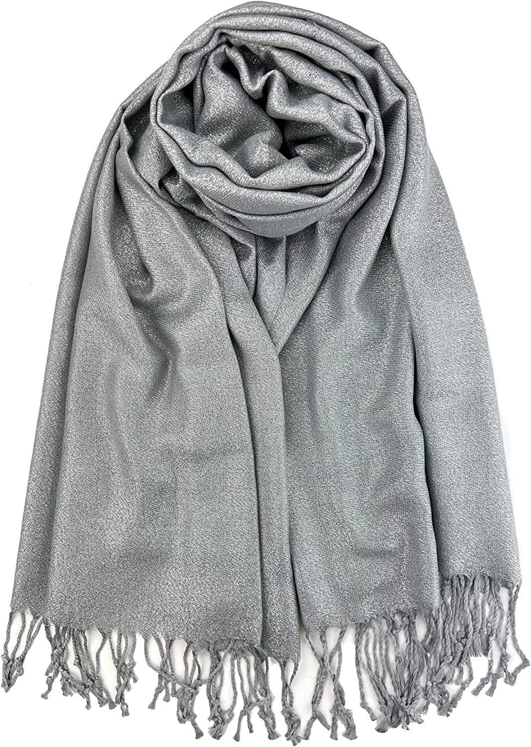 Plum Feathers Premium Solid Color and Metallic Fashion Scarf, Womens Pashmina Shawl Wrap with Fringes Apparel & Accessories > Clothing Accessories > Scarves & Shawls Plum Feathers Grey Metallic  