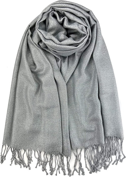 Plum Feathers Premium Solid Color and Metallic Fashion Scarf, Womens Pashmina Shawl Wrap with Fringes Apparel & Accessories > Clothing Accessories > Scarves & Shawls Plum Feathers Grey Metallic  
