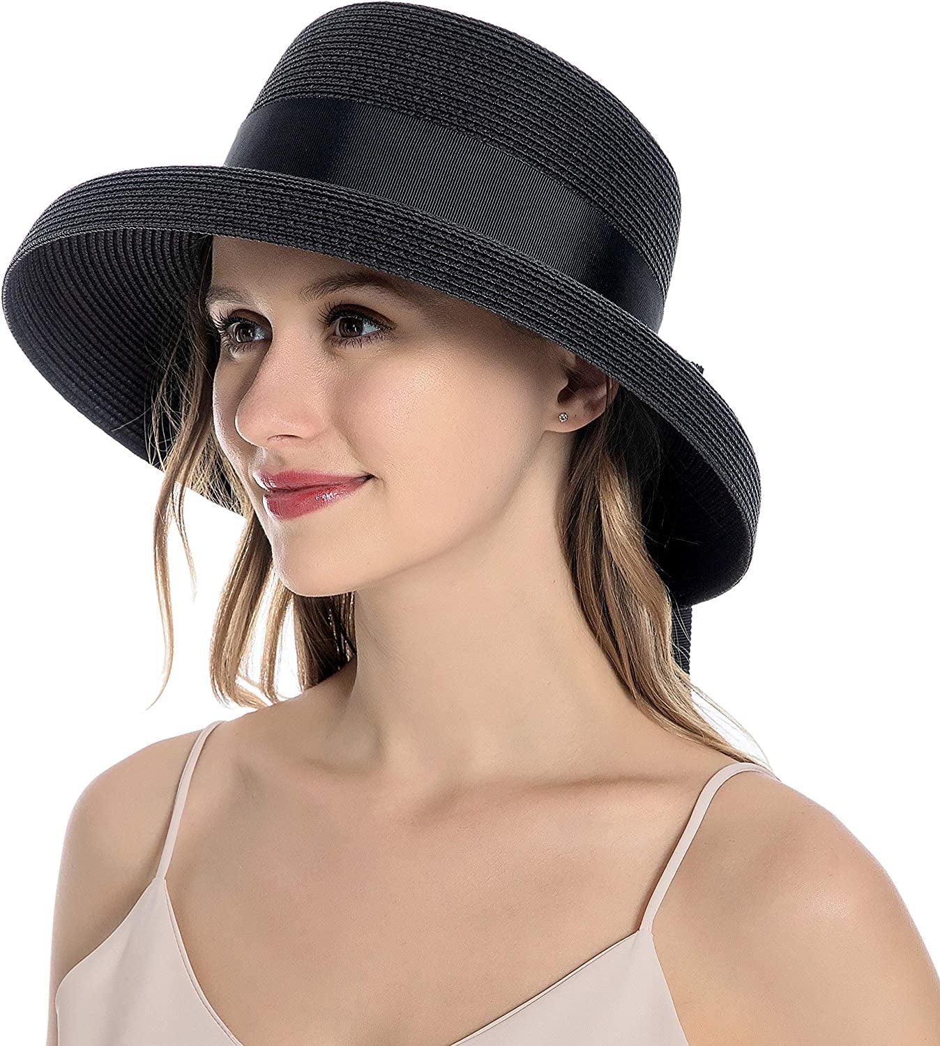 Muryobao Womens Sun Straw Hat Summer UV Protection Travel Foldable Brim Bucket Hat Vintage Cloche Beach Fishing Cap Apparel & Accessories > Clothing Accessories > Hats Muryobao Black  
