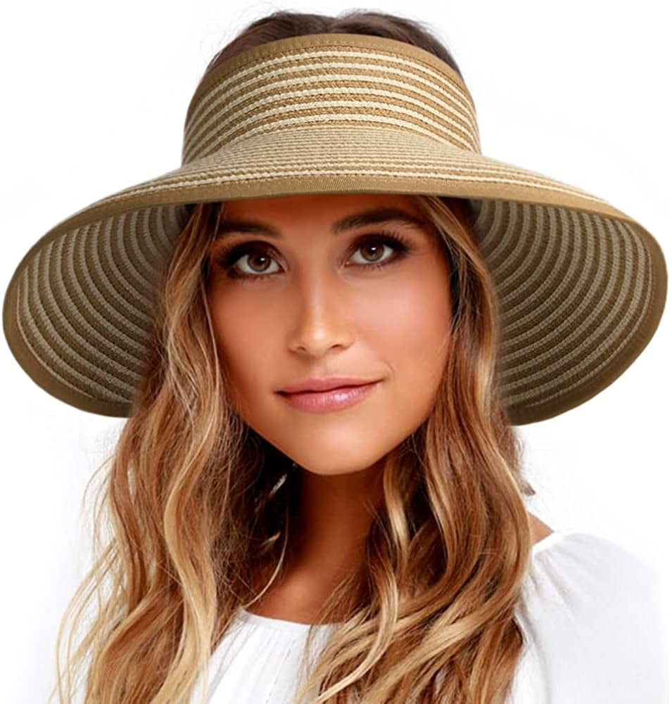 FURTALK Sun Visor Hats for Women Wide Brim Straw Roll up Ponytail Summer Beach Hat UV UPF Packable Foldable Travel Apparel & Accessories > Clothing Accessories > Hats KYLIE MAX 04-khaki Beige Stripes Medium 