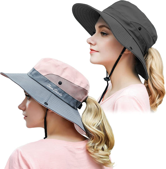 Muryobao 2 Pack Women Ponytail Summer Sun Hat UV Protection Wide Brim Foldable Safari Fishing Cap Apparel & Accessories > Clothing Accessories > Hats Muryobao 2 Pack - Grey & Pink  