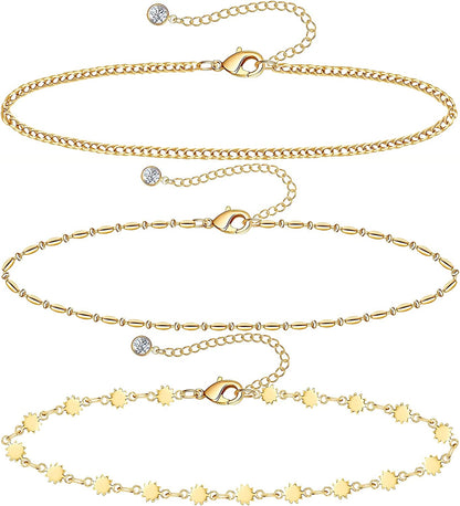 Gold Ankle Bracelets for Women 14K Gold Plated Anklet Silver Rose Gold Evil Eye Tennis Crystal Cubic Zirconia Faux Diamond Rhinestone Anklet Dainty Layered Anklet Set 3Pcs Apparel & Accessories > Jewelry > Anklets Vermeyen M-Yellow Gold-Daisy  