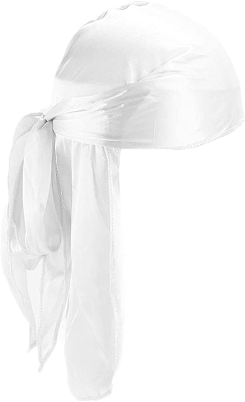 Fxhixiy Men Women Durag Extra Long-Tail Headwraps Silky Satin Pirate Cap Bandana Hat for 360 Waves Apparel & Accessories > Clothing Accessories > Bandanas & Headties Fxhixiy White  