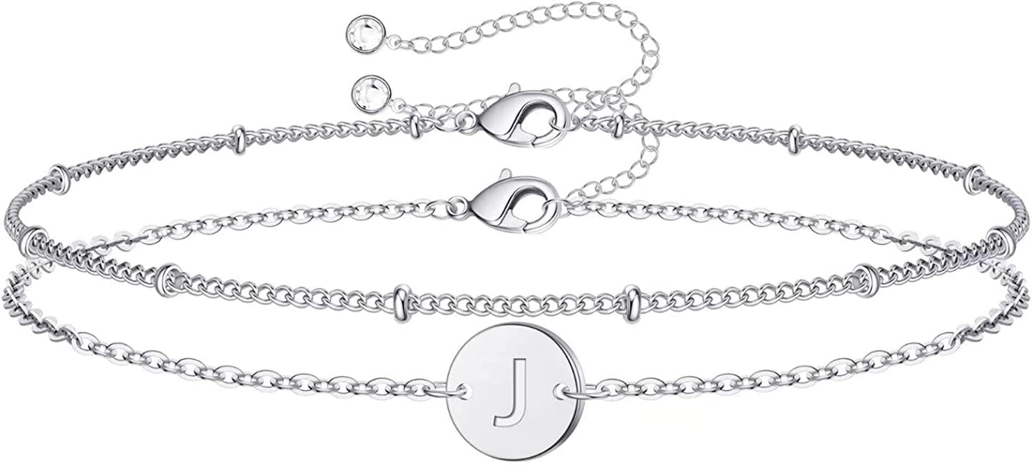 Silver Initial Bracelets for Women Teen Girls, 14K White Gold Filled Layered Letter Initial Bracelet Dainty Disc Initial Charm Bracelets Silver Bracelets for Women Girls Jewelry Gifts for Girls Apparel & Accessories > Jewelry > Bracelets MONOZO J  
