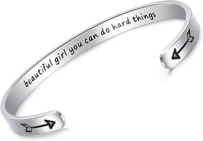 CERSLIMO Inspirational Gifts for Women Bracelet, Personalized Inspire Quotes Cuff Bangle Friendship Jewelry Graduation Encouragement Gift for Her Teen Girls Apparel & Accessories > Jewelry > Bracelets CERSLIMO Beautiful Girl You Can Do Hard Things  