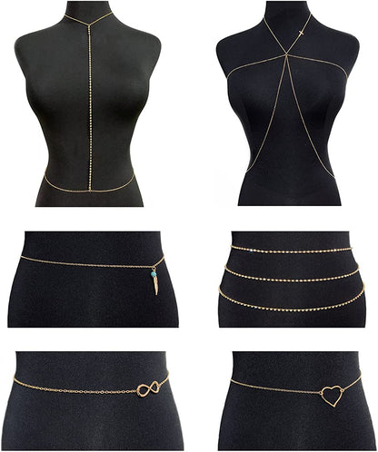 Ofeiyaa 4-6PCS Body Chain Jewelry Bra Chain Retro Waist Belt Chain Suit Bikini Beach Boho Chain Set for Women Girls Gold Tone Apparel & Accessories > Jewelry > Body Jewelry Ofeiyaa B:6pcs,(Heart)  