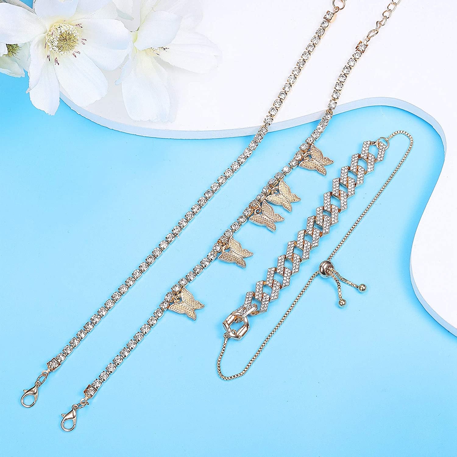 FINREZIO 3PCS Butterfly Anklet Bracelet for Women Summer Beach Cute Foot Jewelry Cuban Link Rhinestone Crystal Tennis Anklets Set Adjustable Apparel & Accessories > Jewelry > Anklets FINREZIO   
