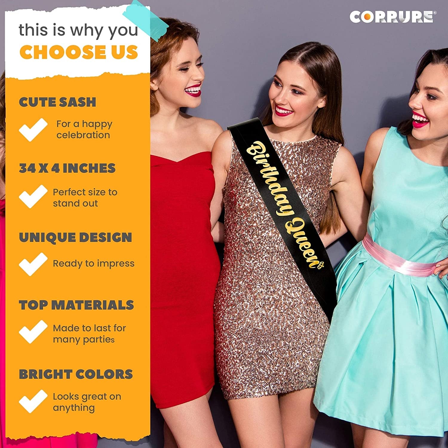 CORRURE 'Birthday Queen' Sash with Gold Foil - Soft Satin Black Sash for Women - Happy Birthday Sash for Girls, Sweet 16, 18Th 21St 25Th 30Th 40Th 50Th or Any Other Bday Party Apparel & Accessories > Clothing Accessories > Sashes CORRURE   