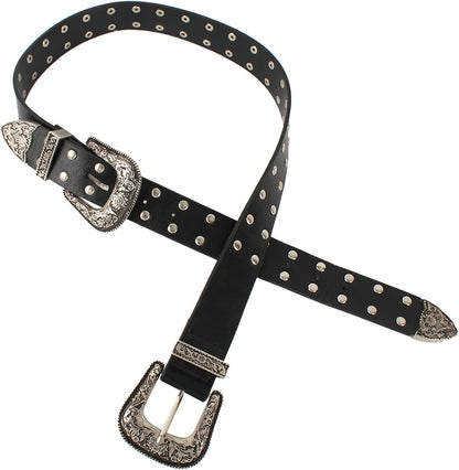 CLARA Women Vintage Western Waist Belt Double Buckle Belt PU Leather Waistband for Jeans Dress Apparel & Accessories > Clothing Accessories > Belts CLARA 01803black  
