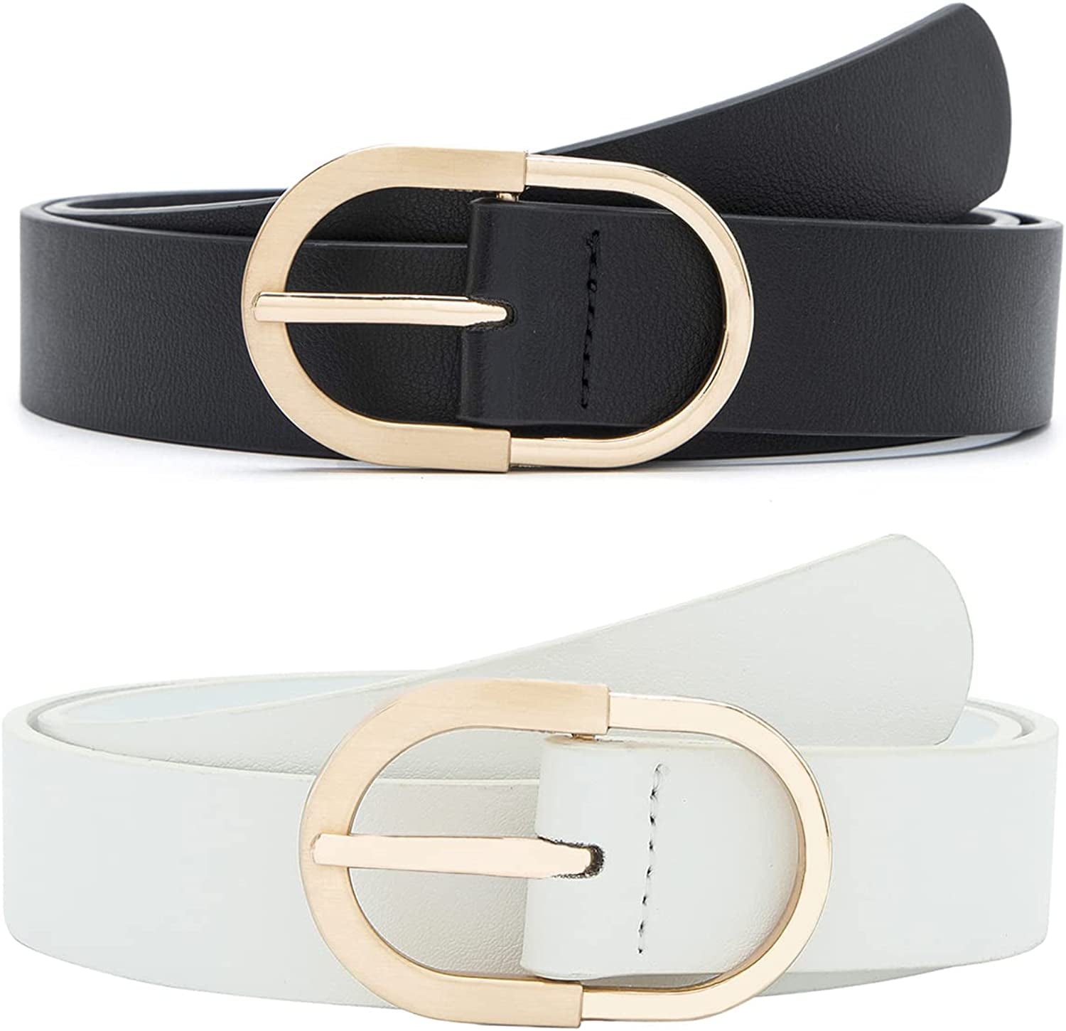 MORELESS 2 Pack Women'S Leather Belts for Jeans Pants with Fashion Center Bar Buckle Apparel & Accessories > Clothing Accessories > Belts MORELESS Golden Buckle(black+white) Medium: fits waist from 30"-33" 