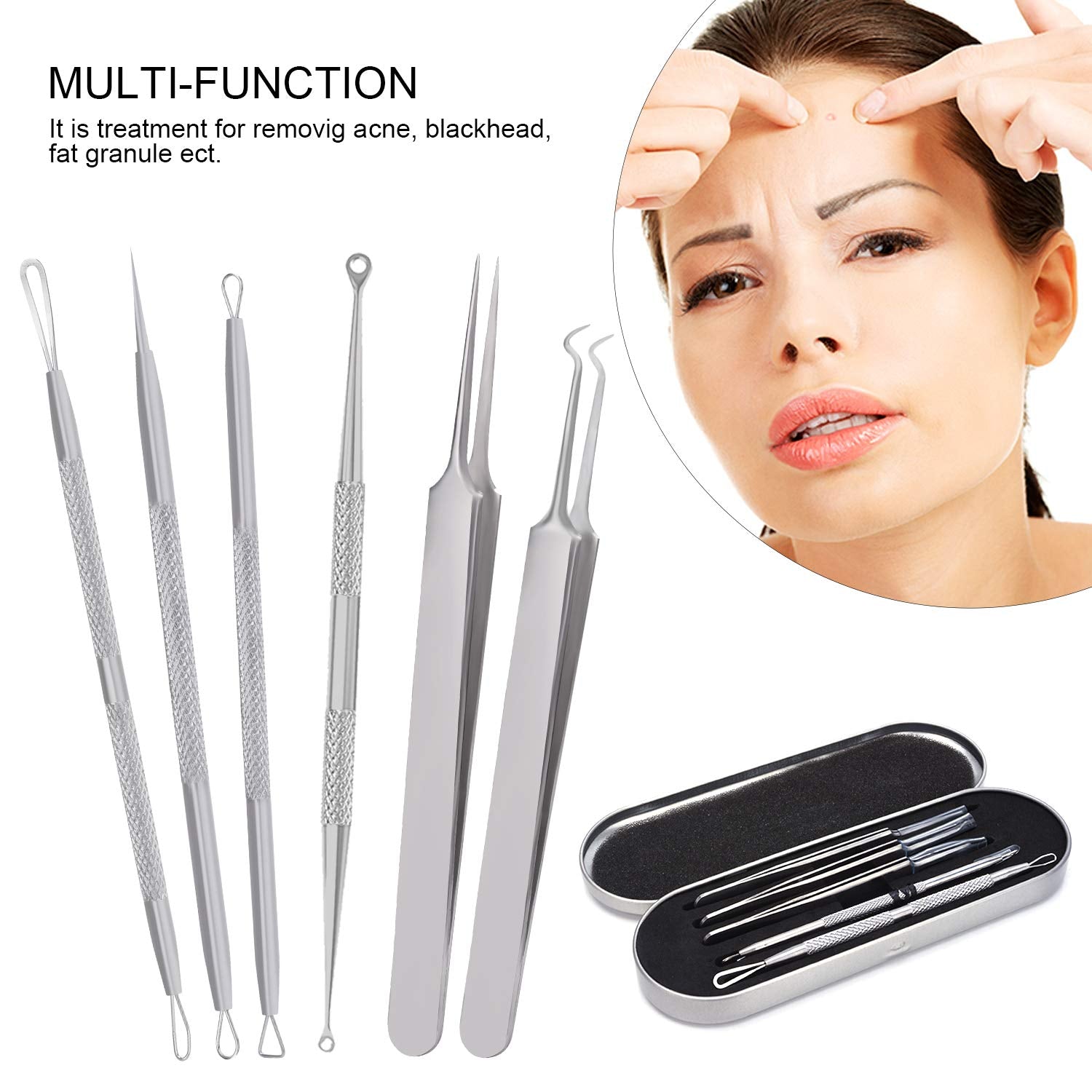 Blackhead Remover Pimple Popper Tool Kit, 6-In-1 Blackhead Comedone Acne Blemish Pimple Extractor Tool Kit Tweezers Kit Skin Care Tools for Face Health & Beauty > Personal Care > Cosmetics > Cosmetic Tools > Skin Care Tools SKINOSM   
