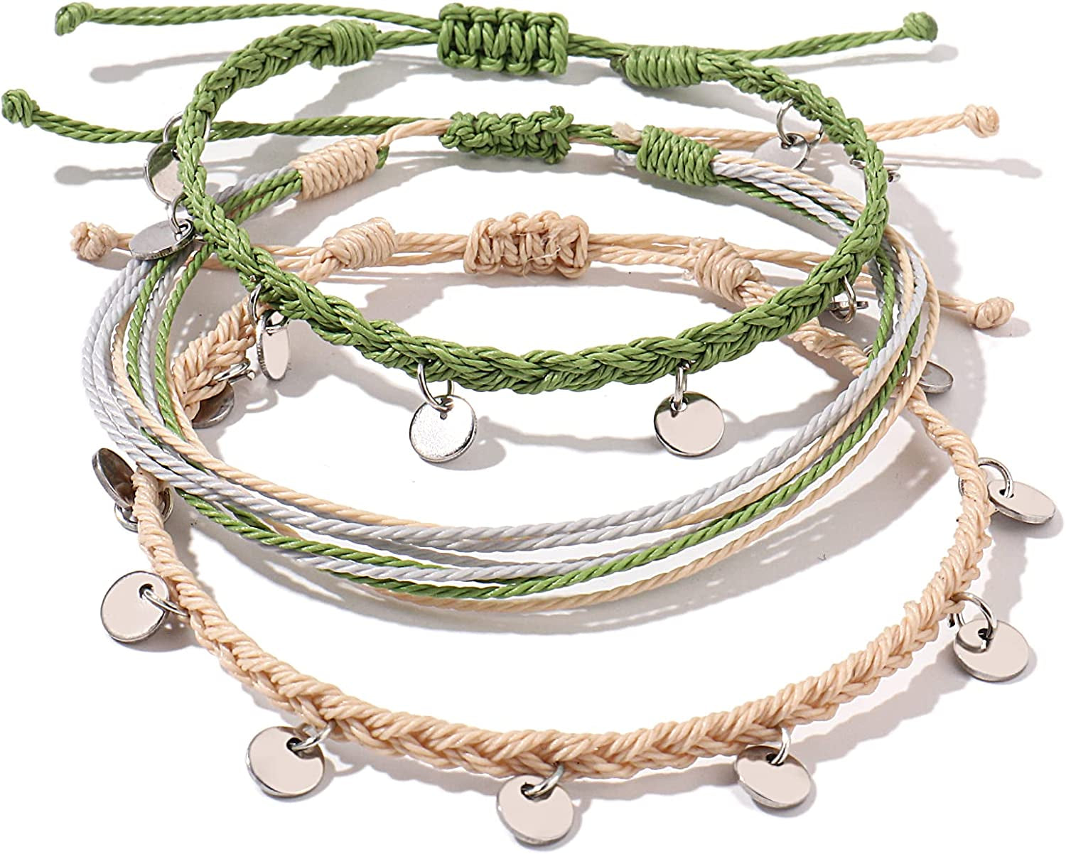 FANCY SHINY String Ankle Bracelets Waterproof Rope Anklets Braided Beach Boho Coin Anklets Cute Friendship Foot Jewelry for Women Teen Girls Apparel & Accessories > Jewelry > Anklets FANCY SHINY Ivory/Olive  