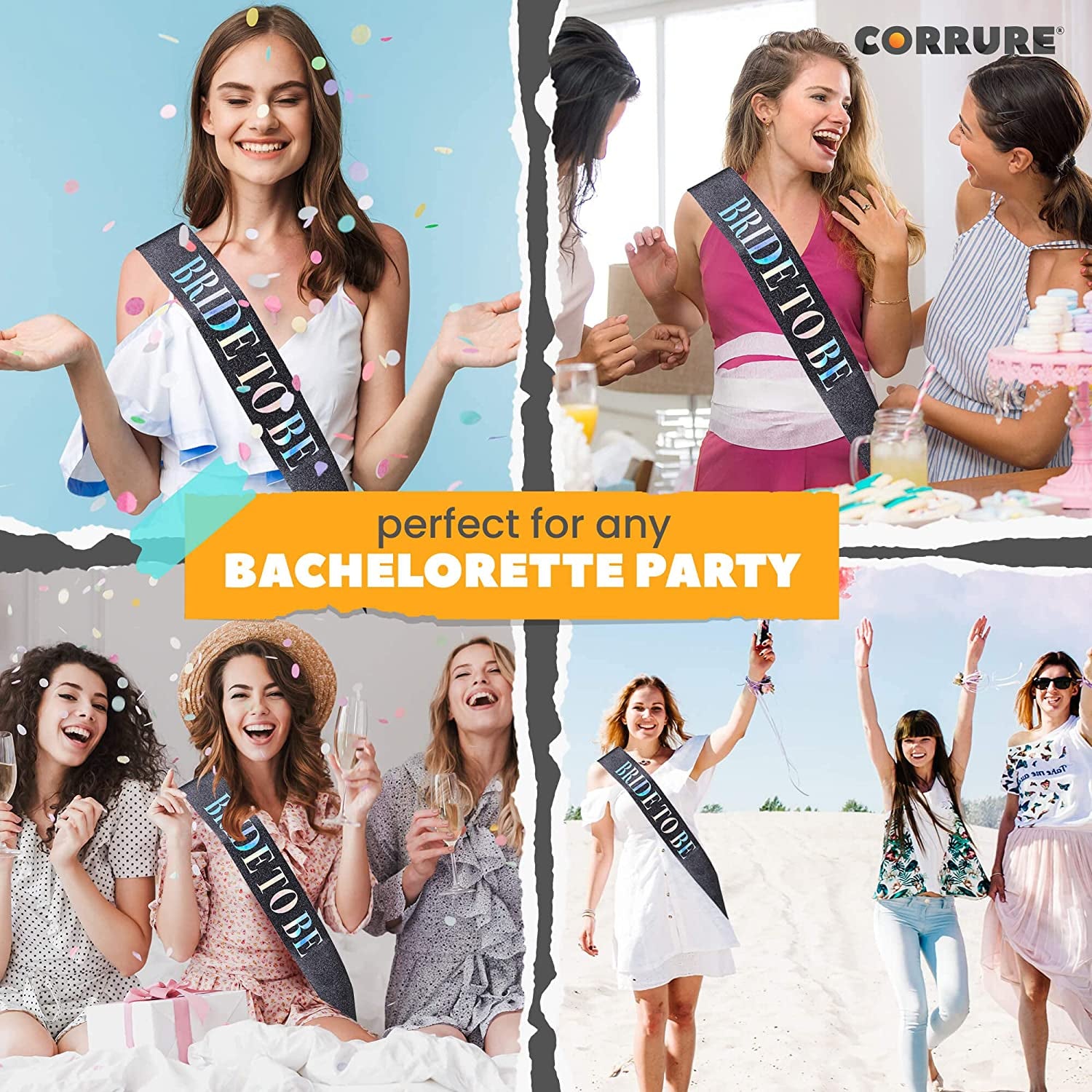 CORRURE 'Bride to Be' Sash for Bachelorette Party - Bridal Shower Black Glitter Sash with Multicolor Foil Lettering - Hen Party Decorations Supplies Accessories, Wedding Engagement Party Favors Gift Apparel & Accessories > Clothing Accessories > Sashes CORRURE   