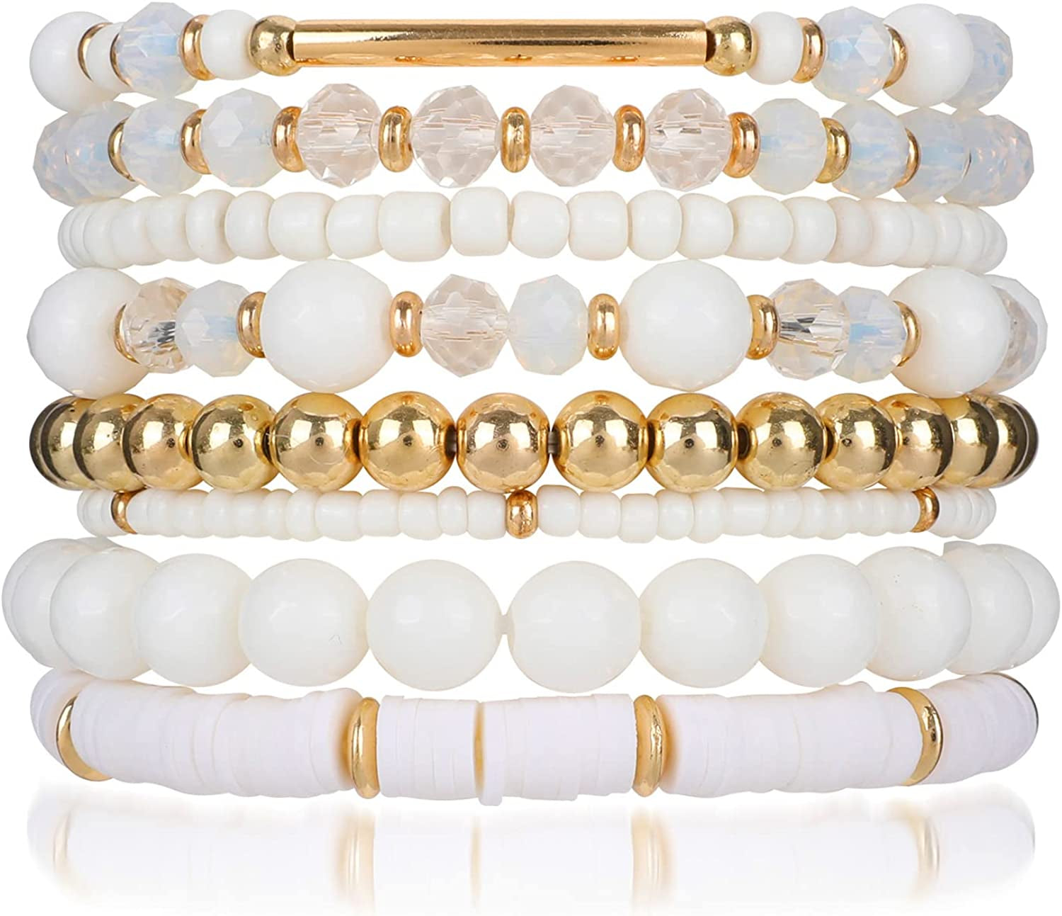 Bohemian Multi-Layer Beaded Stacking Pink Bracelets, 8 Pcs Versatile Strand Stretch Sparkly Crystal Beads Wrap Slip-On Cuff Bangle Set Apparel & Accessories > Jewelry > Bracelets IDEAJOY White  