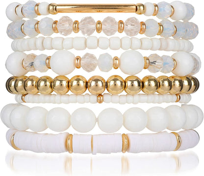 Bohemian Multi-Layer Beaded Stacking Pink Bracelets, 8 Pcs Versatile Strand Stretch Sparkly Crystal Beads Wrap Slip-On Cuff Bangle Set Apparel & Accessories > Jewelry > Bracelets IDEAJOY White  