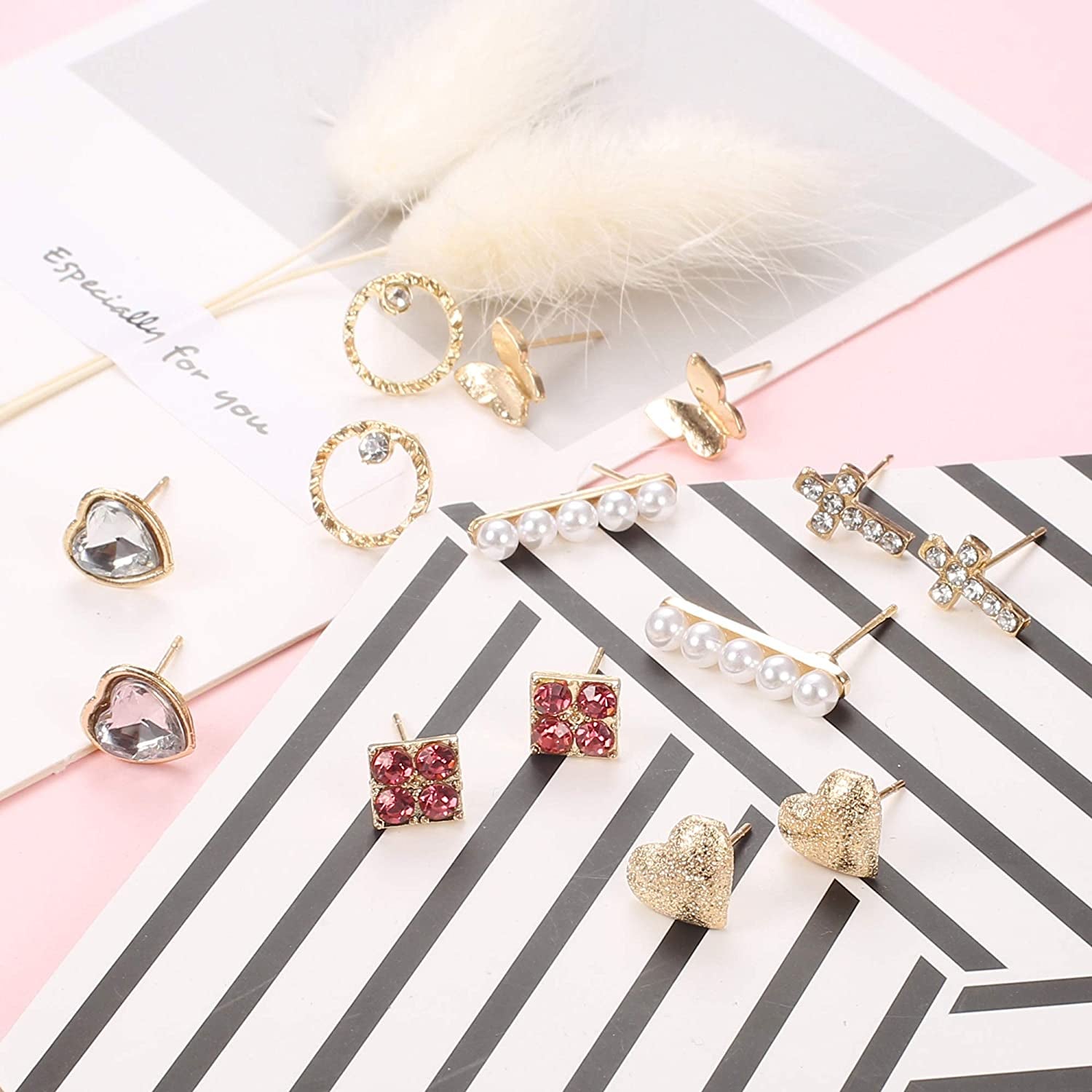 Thunaraz 81Pairs Small Stud Earrings Set for Women Men Triangle Circle Bar Star Moon Geometric Leaf Arrow Flower Bow CZ Ball Faux Pearl Hoop Dangle Earrings Set Apparel & Accessories > Jewelry > Earrings THUNARAZ   