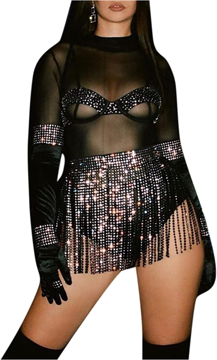 RARITYUS Women Sexy Rave Glitter Rhinestone Tassel Body Chains Skirt Waist Belt Jewelry for Party Festival Dance Nightclub Apparel & Accessories > Jewelry > Body Jewelry RARITYUS Black Diamond Skirt  