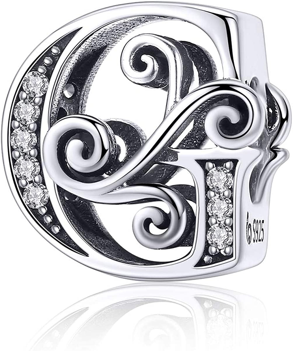 Solid 925 Sterling Silver with Cubic Stones, Complete A~Z Gift Options Alphabet Charm Letter Beads Fit Pandora European Bracelets Apparel & Accessories > Jewelry > Bracelets ABAOLALA ALPHABET G  
