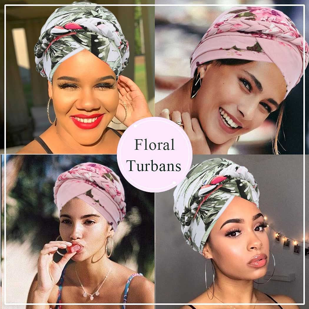 Woeoe African Turban Head Wrap Pink Pattern Head Scarf Soft Flower Print Head Cover Cap Headwear for Women and Girls(Pack of 2) Apparel & Accessories > Clothing Accessories > Headwear Woeoe   