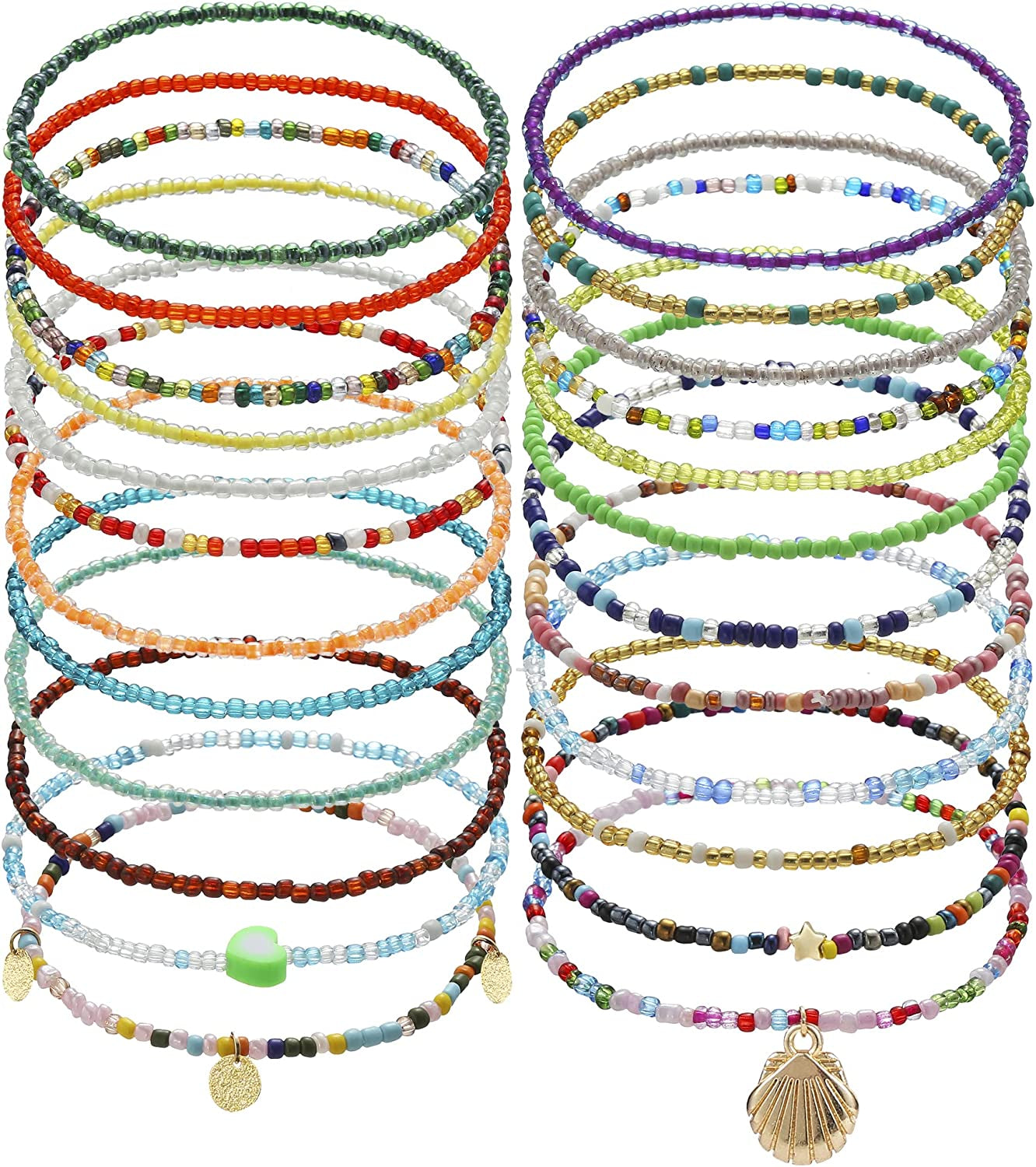 Beaded Evil Eye Anklets for Women Colorful Elastic Lucky Ankle Bracelet Hand-Woven Lucky Anklet Protection Anklet for Family Apparel & Accessories > Jewelry > Anklets Dalinner BEADED-24Set 03  