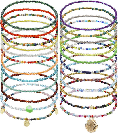 Beaded Evil Eye Anklets for Women Colorful Elastic Lucky Ankle Bracelet Hand-Woven Lucky Anklet Protection Anklet for Family Apparel & Accessories > Jewelry > Anklets Dalinner BEADED-24Set 03  