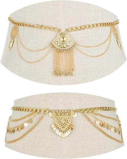 Tornito 2 PCS Waist Belt Chain Vintage Dangle Dancing Tassel Body Chain Bikini Beach Body Jewelry for Women Silver Gold Tone Apparel & Accessories > Jewelry > Body Jewelry Tornito A:2pcs,Gold Tone  
