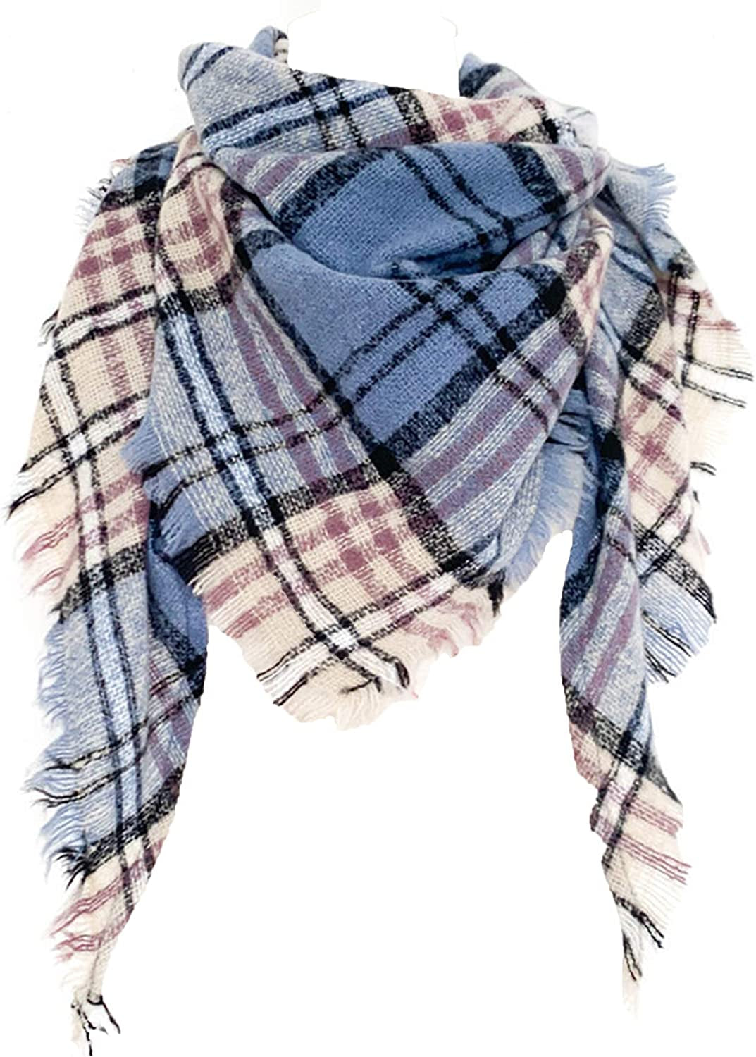 Wander Agio Womens Warm Scarf Triangle Shawls Winter Scarves Stripe Plaid Fichu Rough Surface Apparel & Accessories > Clothing Accessories > Scarves & Shawls Wander Agio Blue Red 06  