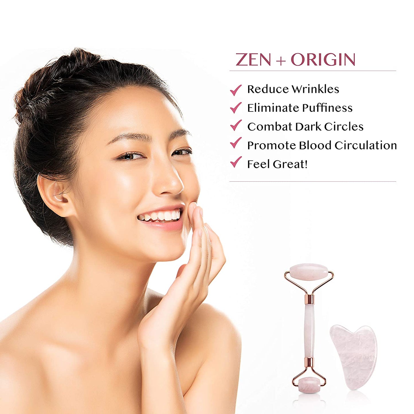 Rose Quartz Roller and Gua Sha Set, 100% Natural Rose Quartz Stone Face Roller, Anti-Wrinkle Anti-Aging Skin Care Tool, Facial Roller, Face Massager for Skin Firming and Stress Relief, Rose Gold Health & Beauty > Personal Care > Cosmetics > Cosmetic Tools > Skin Care Tools ZEN + ORIGIN   