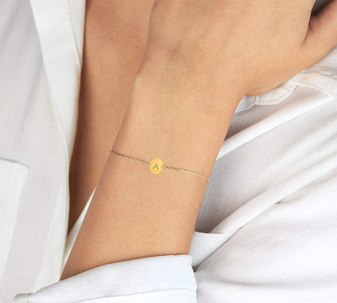 Glimmerst Personalized Initial Bracelet, 18K Gold Plated Stainless Steel Letter Bracelet Dainty Coin Charm Bracelet Delicate Disc Name Bracelet for Women Girls Apparel & Accessories > Jewelry > Bracelets Glimmerst   