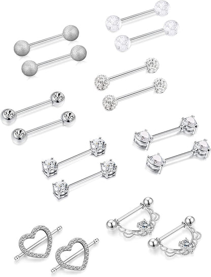 FINREZIO 6-8 Pairs 14G Nipple Rings 316L Surgical Steel Heart CZ Tongue Barbell Body Piercing Shield Ring Set 5/8 Inches Apparel & Accessories > Jewelry > Body Jewelry FINREZIO   