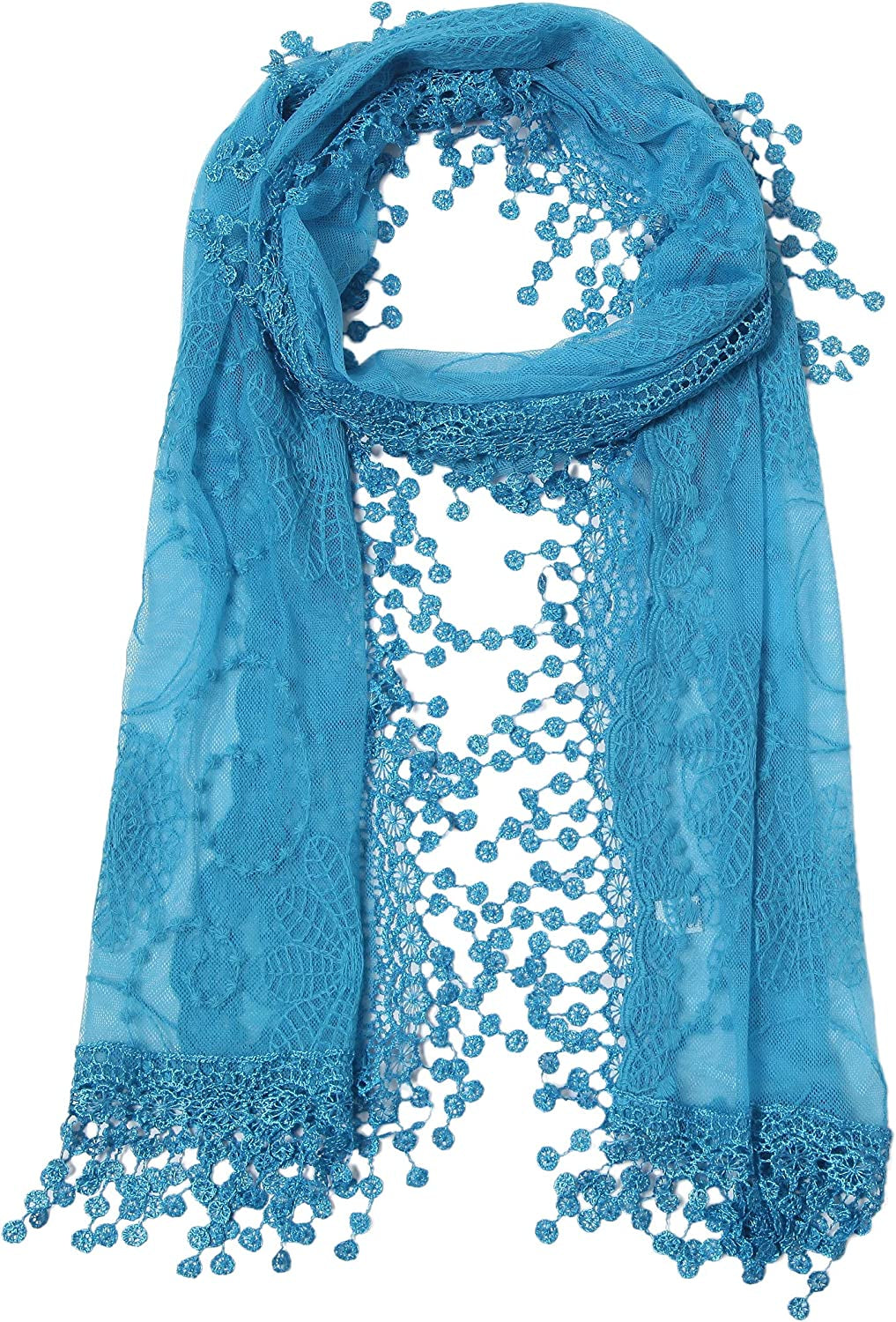 Cindy and Wendy Lightweight Soft Leaf Lace Fringes Scarf Shawl for Women Apparel & Accessories > Clothing Accessories > Scarves & Shawls Cindy and Wendy Blue  