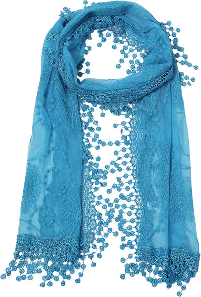 Cindy and Wendy Lightweight Soft Leaf Lace Fringes Scarf Shawl for Women Apparel & Accessories > Clothing Accessories > Scarves & Shawls Cindy and Wendy Blue  