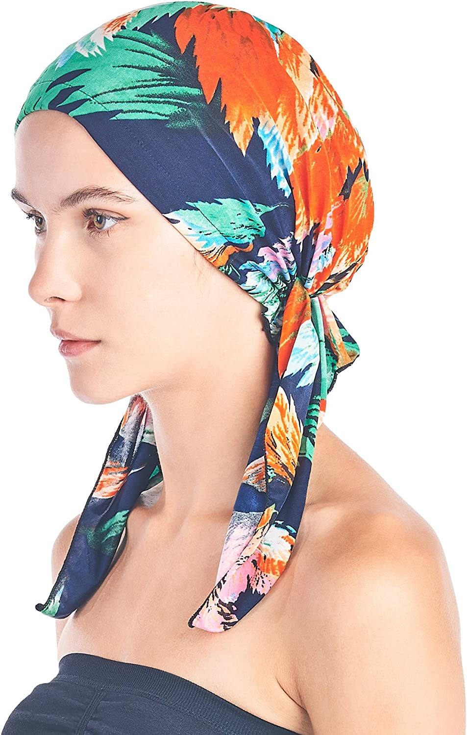 Ashford & Brooks Pre Tied Bandana Turban Chemo Head Scarf Sleep Hair Cover Hat Apparel & Accessories > Clothing Accessories > Bandanas & Headties Ashford & Brooks Navy/Coral Tropical Fronds One Size 