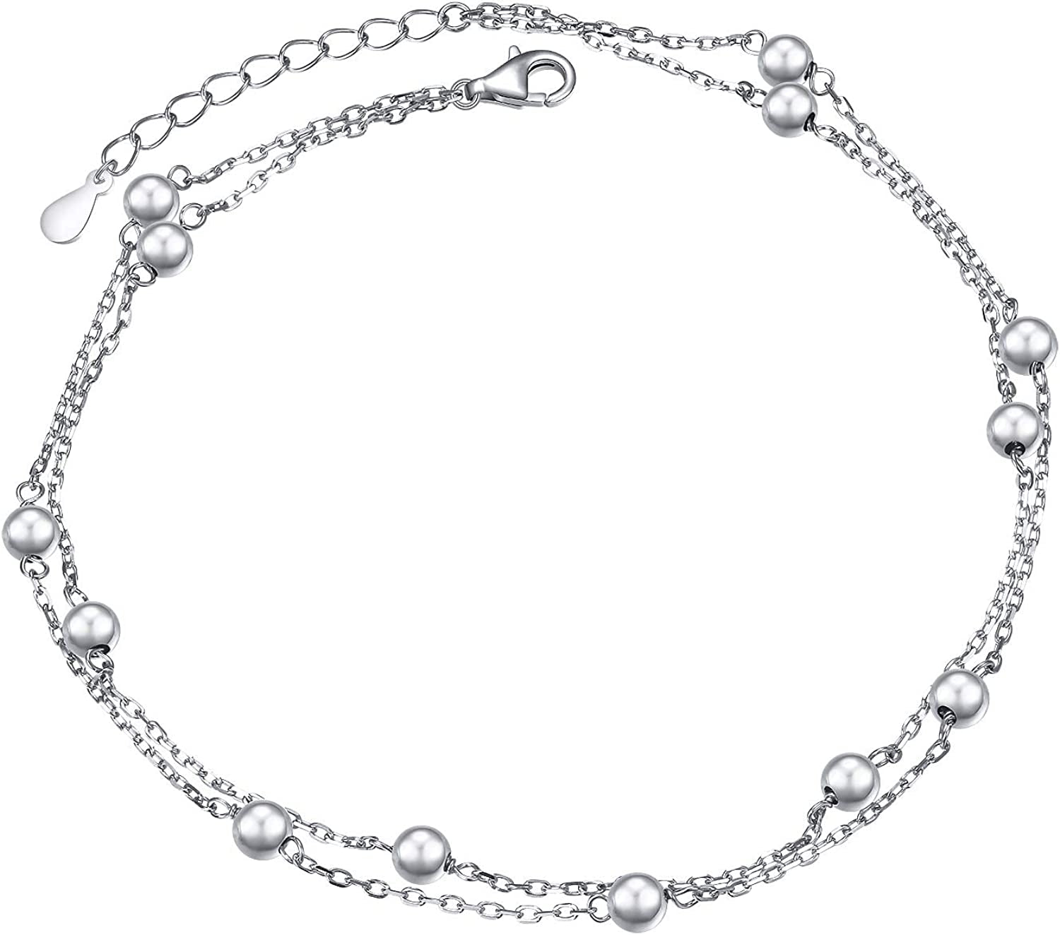 Flyow Anklet for Women S925 Sterling Silver Adjustable Foot Beaded Heart Charm Ankle Bracelet Anklets Jewelry Apparel & Accessories > Jewelry > Anklets FLYOW silver beads  