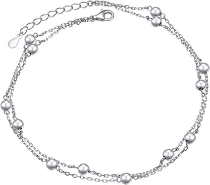 Flyow Anklet for Women S925 Sterling Silver Adjustable Foot Beaded Heart Charm Ankle Bracelet Anklets Jewelry Apparel & Accessories > Jewelry > Anklets FLYOW silver beads  