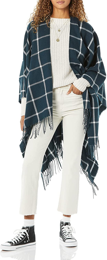 Goodthreads Women'S Fringe Ruanna Wrap Scarf Apparel & Accessories > Clothing Accessories > Scarves & Shawls Goodthreads Navy, Windowpane/Plaid One Size 