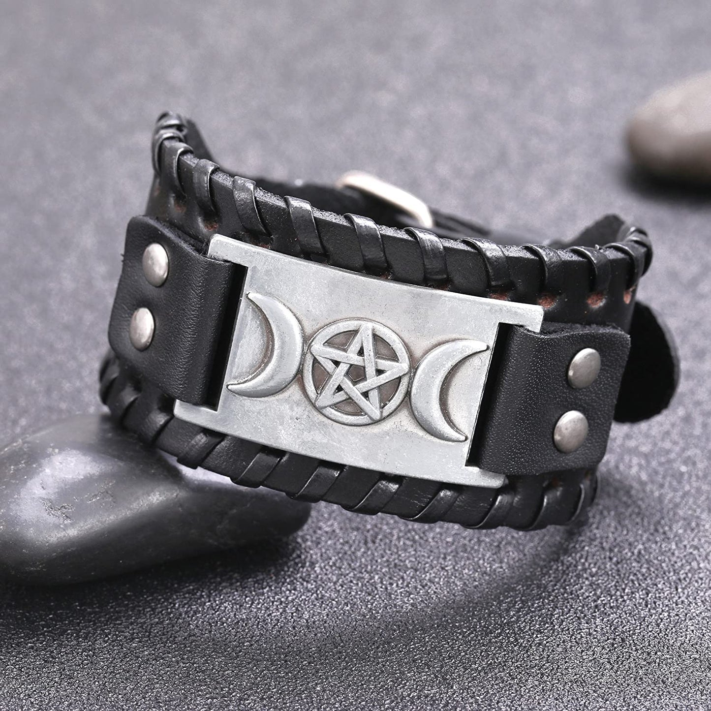 VASSAGO Vintage Pagan Triple Moon Goddess Pentacle Pentagram Metal Amulet Cuff Leather Bracelet Apparel & Accessories > Jewelry > Bracelets YiYou   