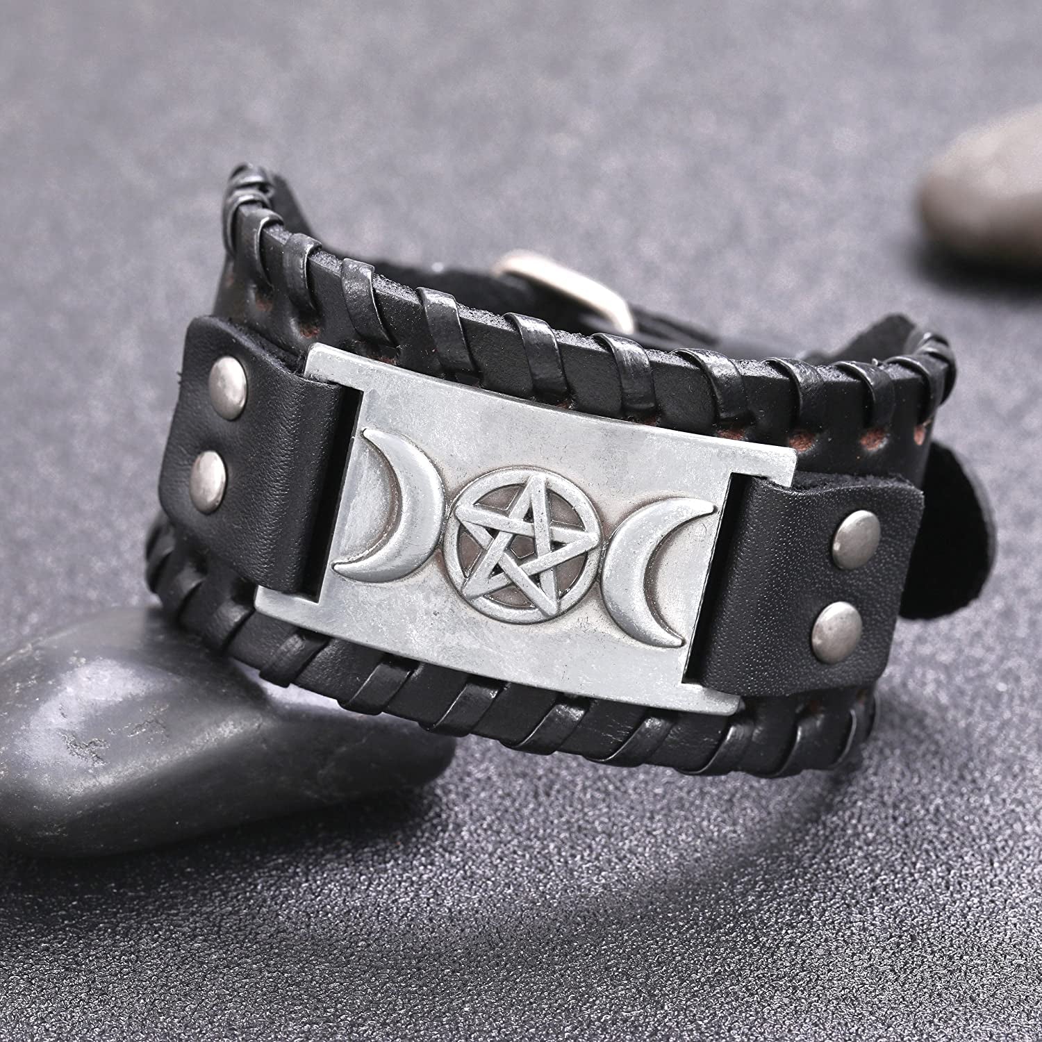 VASSAGO Vintage Pagan Triple Moon Goddess Pentacle Pentagram Metal Amulet Cuff Leather Bracelet Apparel & Accessories > Jewelry > Bracelets YiYou   
