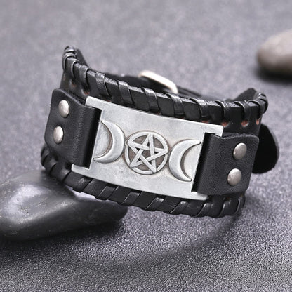 VASSAGO Vintage Pagan Triple Moon Goddess Pentacle Pentagram Metal Amulet Cuff Leather Bracelet Apparel & Accessories > Jewelry > Bracelets YiYou   