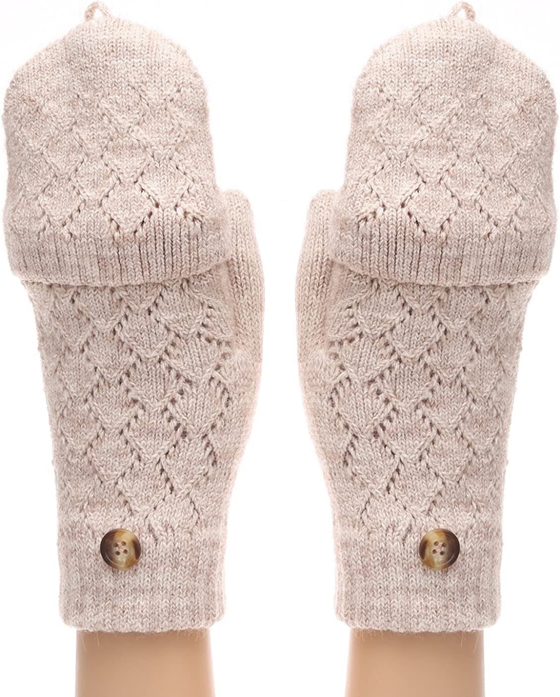 MIRMARU Women'S Knitted Fingerless Mitten Gloves with Flip Cover with Faux Fur Lining Apparel & Accessories > Clothing Accessories > Gloves & Mittens MIRMARU Oatmeal One Size 