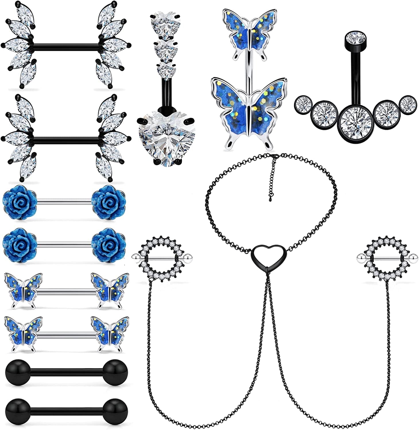 Pexveiuu 16Pcs Nipple Rings Chain and Belly Burron Ring for Women Surgical Steel Nipple Belly Navels Barbells Bar Piercing Apparel & Accessories > Jewelry > Body Jewelry Pexveiuu Black Tone  