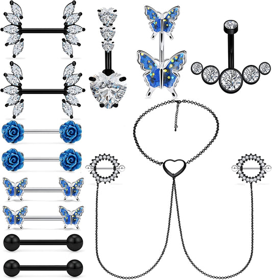 Pexveiuu 16Pcs Nipple Rings Chain and Belly Burron Ring for Women Surgical Steel Nipple Belly Navels Barbells Bar Piercing Apparel & Accessories > Jewelry > Body Jewelry Pexveiuu Black Tone  